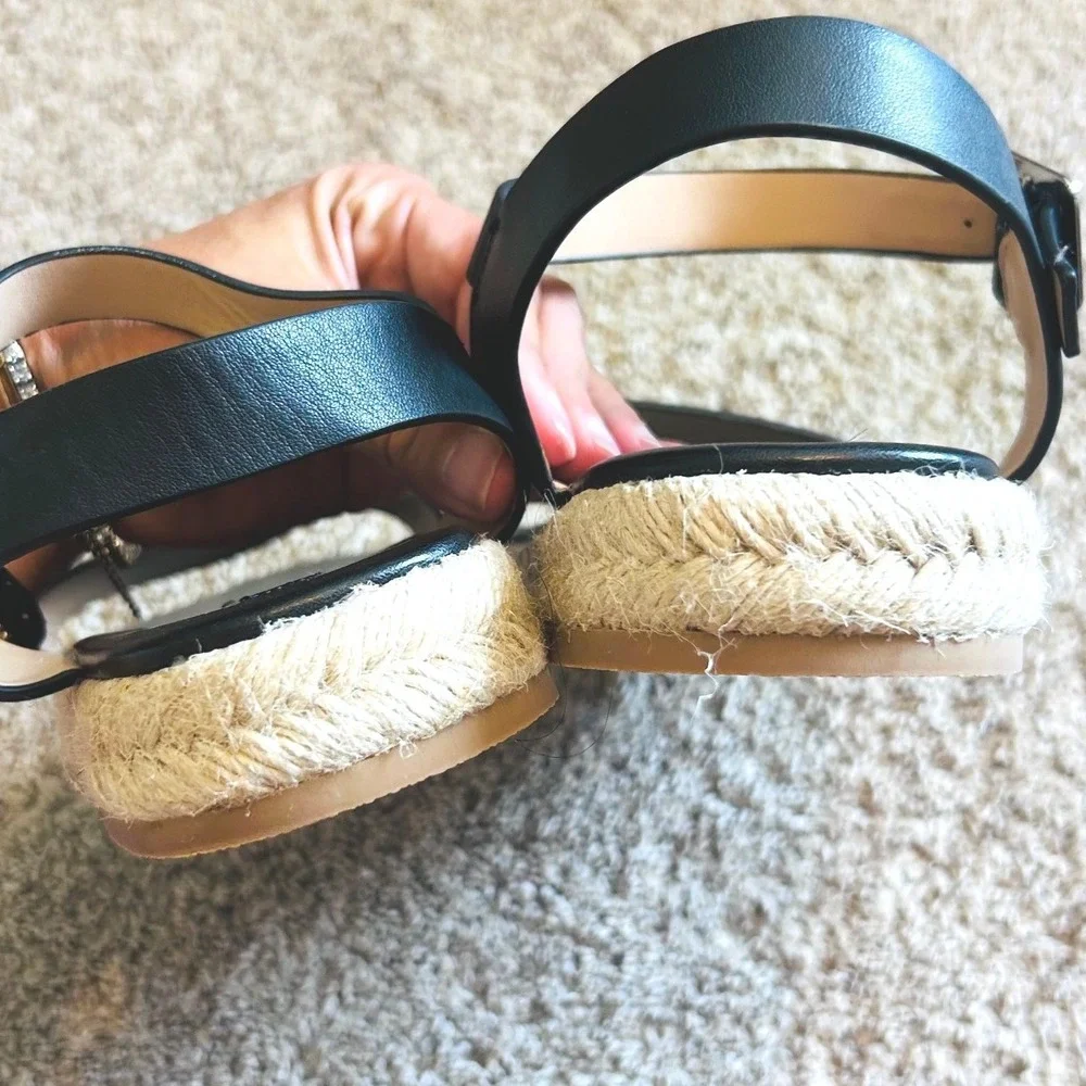 Saks Fifth Avenue Boho Black Leather Espadrille Platform Ankle Sandals SZ 9